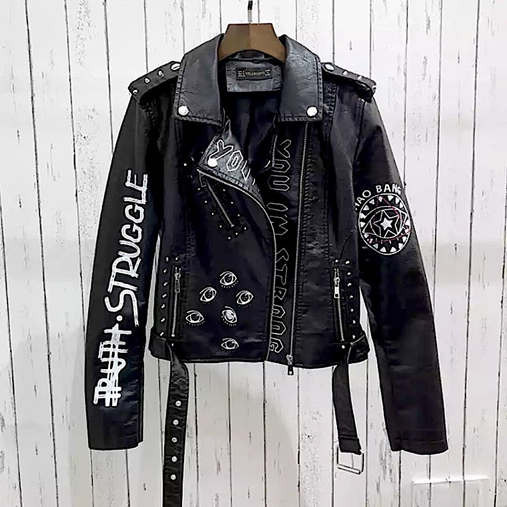 NWOT Black faux leather graffiti studded jacket